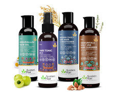 Avimee Herbal Keshpallav Hair Oil (100 ml) & Hairtone PV 1 Scalp Spray (100 ml) & Shakuntala Hair Shampoo (200 ml) & Radha hair Conditioner (200 ml) Combo Pack | Super Saver Pack