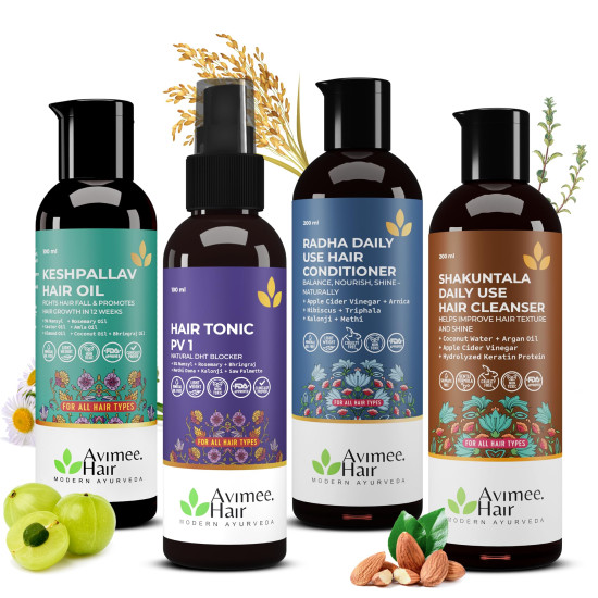Avimee Herbal Keshpallav Hair Oil (100 ml) & Hairtone PV 1 Scalp Spray (100 ml) & Shakuntala Hair Shampoo (200 ml) & Radha hair Conditioner (200 ml) Combo Pack | Super Saver Pack