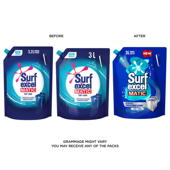 Surf Excel Matic Top Load Liquid Detergent 3 L Refill Pouch, Specially designed to remove Tough Dried Stains, 1st time in Washing Machine Surf Excel Matic Top Load Liquid Detergent 3 L Refill Pouch, Specially designed to remove Tough Dried Stains, 1st time in Washing Machine
