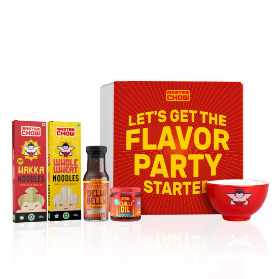 MasterChow Diwali Gift Items Hamper for Family & Friends | Assorted Chilli Oil, Hakka Noodles, WholeWheat Noodles, Sweet & Spicy Sauce & Ceramic Bowl | Healthy Chinese Food Hamper