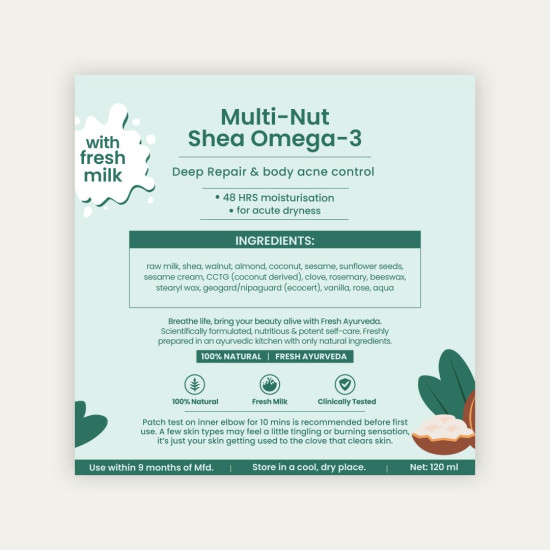 Nat Habit Multi-Nut Omega 3 Moisturiser, Skin Malai, Body Cream, Body Butter, Cold Cream Winter | Hydration, Skin Repair & 48 HR Moisture, Body Lotion - 120ml (Pack of 1)