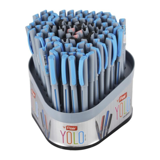 FLAIR Yolo Blue Ball Pen | 0.6 mm Tip Size | Light Weight Ball Pen with Comfortable Grip | Fine & Smooth Writing | Ideal for School, Collage & Office | Multicolor, Tumbler Pack of 100