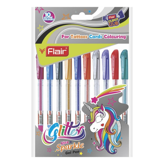 FLAIR Glitter Sparkle 1.0mm Gel Pen Blister Pack | Smooth & Perfect Writing Experience | Non-Toxic Fluid Gel Ink | Beautiful Transparent Body With Sparkles | Set of 10 Different Ink Colors