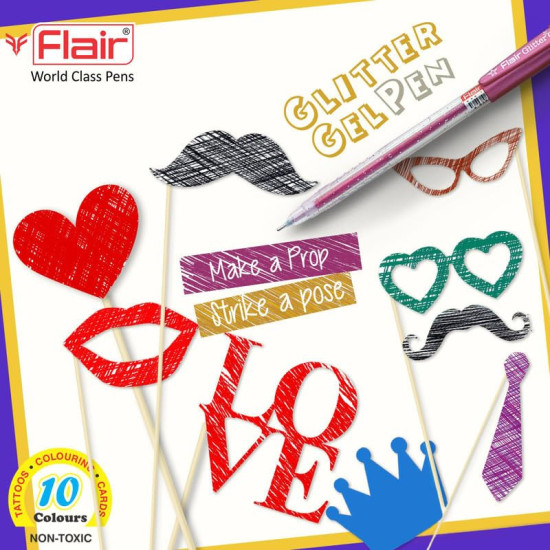 FLAIR Glitter Sparkle 1.0mm Gel Pen Blister Pack | Smooth & Perfect Writing Experience | Non-Toxic Fluid Gel Ink | Beautiful Transparent Body With Sparkles | Set of 10 Different Ink Colors