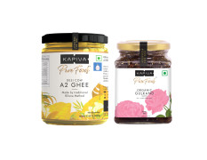 Kapiva A2 Desi Cow Ghee 500Ml | Bilona Method, Curd-Churned | Pure, Natural, Healthy | Grass-Fed Cultured Ghee + Organic Gulkand 300Gms (Rose Petal Jam) | 100% Natural | Sun-Cooked Damask Roses