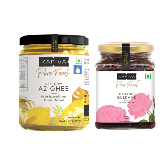 Kapiva A2 Desi Cow Ghee 500Ml | Bilona Method, Curd-Churned | Pure, Natural, Healthy | Grass-Fed Cultured Ghee + Organic Gulkand 300Gms (Rose Petal Jam) | 100% Natural | Sun-Cooked Damask Roses