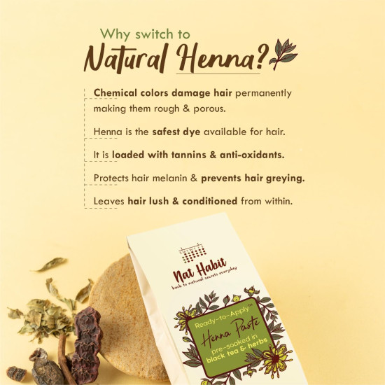 Nat Habit - Fresh Ready To Apply Henna Paste, Pre-Soaked in Black Tea and Herbs,100% Natural Rajasthani Henna, Imparts Rich Brown Shade (Pack of 3 x 220g)