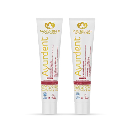 Maharishi Ayurveda Ayurdent Classic Toothpaste | Unique Saliva Balancing Formula | For Toothache, Bleeding Gums, Sensitivity, Cavities, Plaque & Bad breath | Non Foaming, SLS & Fluoride Free Pack of 2