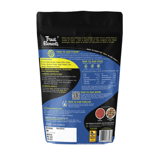 True Elements Multigrain Oats 500g - Jowar and Ragi | Oatmeal | Oats for Weight Loss | Millet Rich Breakfast | Healthy Breakfast | Rich in Fibre and Protein