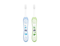 Chicco Baby Manual Toothbrush For Infants (6M-36M), Set Of 2|Extra Soft Tapered Bristles Ideal For Milk Teeth|Bpa Free (Blue, Green)