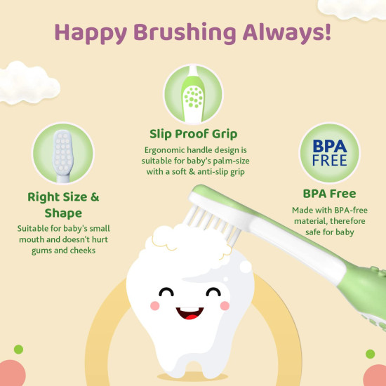 Chicco Baby Manual Toothbrush For Infants (6M-36M), Set Of 2|Extra Soft Tapered Bristles Ideal For Milk Teeth|Bpa Free (Blue, Green)