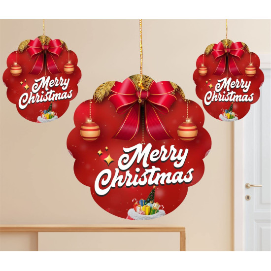 TOYXE Merry Christmas Printed Paper Card Hanging Decoration Red White Set of 10 Pcs
