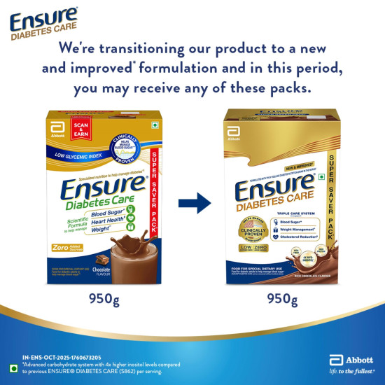Ensure Diabetes Care Chocolate 950gm |Support Blood Sugar, Weight Management, Cholestrol Reduction |High Protein, High Fibre, 4 Myo-inositol |Zero Added Sucrose