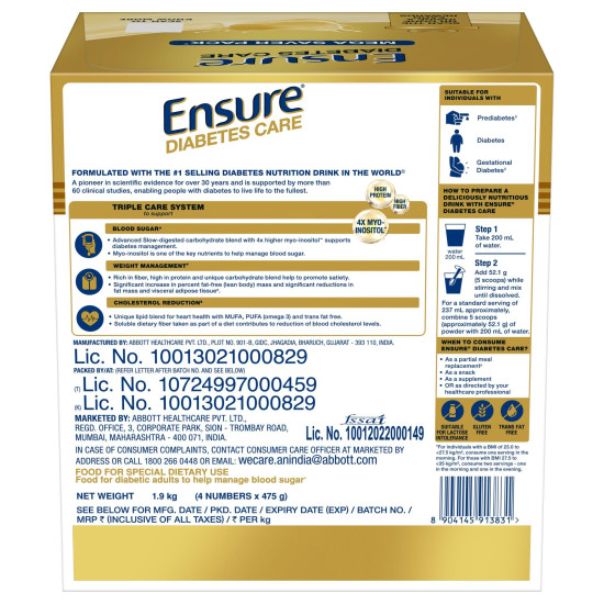 Ensure Diabetes Care Vanilla 1900gm|Support Blood Sugar, Weight Management, Cholestrol Reduction |High Protein, High Fibre, 4 Myo-inositol |Zero Added Sucrose