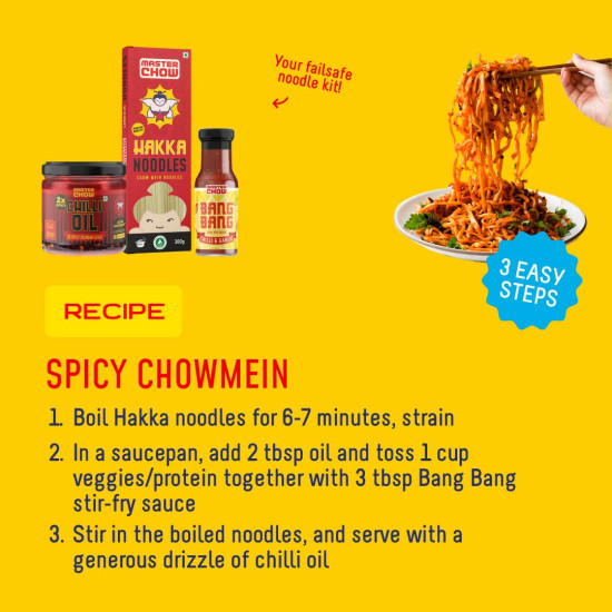 MasterChow Spicy Chowmein Pack - Extra Spicy 2x Chilli Oil Dip with Healthy Whole Wheat Noodles, Hakka Noodles & Bang Bang Chilli Garlic Cooking Sauce | Street Style Chowmein in 10 minutes |