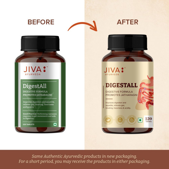 Jiva Digestall Tablet 500mg | 100% Ayurvedic Digestive Formulation | Balances Vata & Pitta | Helpful In Indigestion, Bloating, Acidity, Constipation, Diarrhea & Heavy Stomach- 120 Tablets (Pack Of 2)