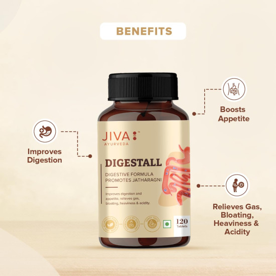 Jiva Digestall Tablet 500mg | 100% Ayurvedic Digestive Formulation | Balances Vata & Pitta | Helpful In Indigestion, Bloating, Acidity, Constipation, Diarrhea & Heavy Stomach- 120 Tablets (Pack Of 2)