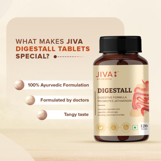 Jiva Digestall Tablet 500mg | 100% Ayurvedic Digestive Formulation | Balances Vata & Pitta | Helpful In Indigestion, Bloating, Acidity, Constipation, Diarrhea & Heavy Stomach- 120 Tablets (Pack Of 2)