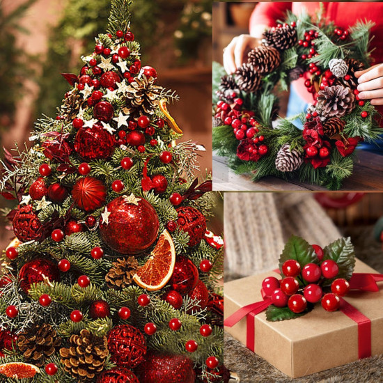 TIED RIBBONS 50 Pcs Christmas Artificial Red Berries Stems Decorations Items for Xmas Tree Wreath Garland Art and Craft Ornament Props - Christmas Decorations Items for Home