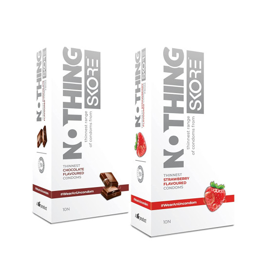 Skore Nothing Thinnest Pleasure Condoms | Flavored Chocolate & Strawberry | With Disposal Pouches| Pack of 2 | 10's each Skore Nothing Thinnest Pleasure Condoms | Flavored Chocolate & Strawberry | With Disposal Pouches| Pack of 2 | 10's each