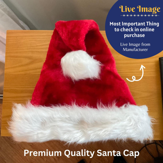 Indian Karigar Santa Cap Plush Fur Christmas Cap Unisex Santa Hat for Adult & Kids Comfortable Soft Free Size Santa Clause Hat Cap Christmas Decorations Items Christmas Decor Santa Caps Set of 1 Red