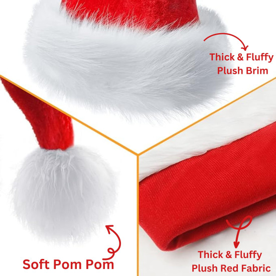 Indian Karigar Santa Cap Plush Fur Christmas Cap Unisex Santa Hat for Adult & Kids Comfortable Soft Free Size Santa Clause Hat Cap Christmas Decorations Items Christmas Decor Santa Caps Set of 1 Red