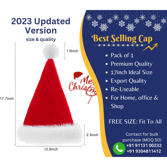 Indian Karigar Santa Cap Plush Fur Christmas Cap Unisex Santa Hat for Adult & Kids Comfortable Soft Free Size Santa Clause Hat Cap Christmas Decorations Items Christmas Decor Santa Caps Set of 1 Red