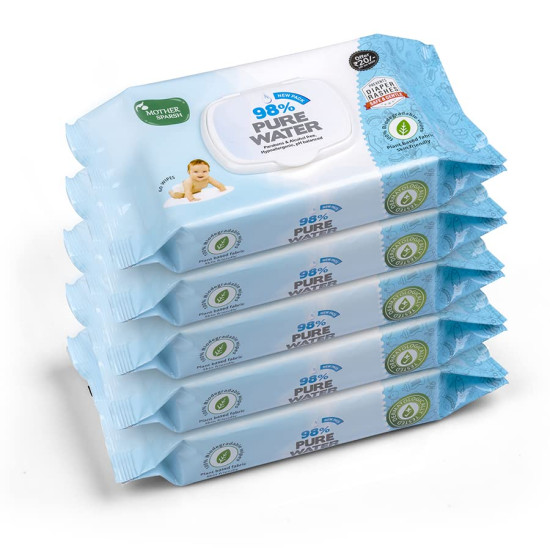 Mother Sparsh 98% Water Based Wipes, 60 Pcs Per Pack | Plant Derived Fabric | Mildly Scented I Pack of 5