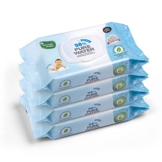 Mother Sparsh 98% Water Based Wipes, 60 Pcs Per Pack | Plant Derived Fabric | Mildly Scented I Pack of 4