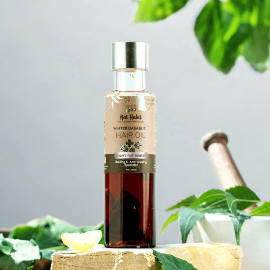 Nat Habit Men's Revital Winter Dasabuti Hair Oil for Hairfall, Dandruff & Greying Control, Scalp Massage, Ayurvedic, Herbal, With 16 Herbs Heat Soaked, Castor, Coconut, Amla - (100ml)