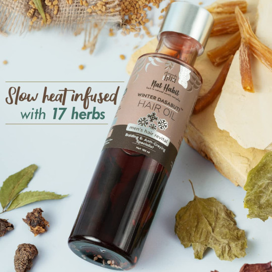 Nat Habit Men's Revital Winter Dasabuti Hair Oil for Hairfall, Dandruff & Greying Control, Scalp Massage, Ayurvedic, Herbal, With 16 Herbs Heat Soaked, Castor, Coconut, Amla - (100ml)