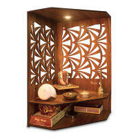Heartily® Pushp Beautiful Corner Wooden Pooja Stand Mandir for Home Temple for Office Puja Mandir for Home Wall with LED Spot Light Product (H- 17, L- 10, W-15 Inch)