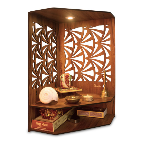 Heartily® Pushp Beautiful Corner Wooden Pooja Stand Mandir for Home Temple for Office Puja Mandir for Home Wall with LED Spot Light Product (H- 17, L- 10, W-15 Inch)