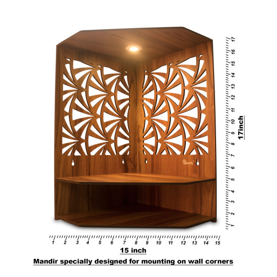 Heartily® Pushp Beautiful Corner Wooden Pooja Stand Mandir for Home Temple for Office Puja Mandir for Home Wall with LED Spot Light Product (H- 17, L- 10, W-15 Inch)