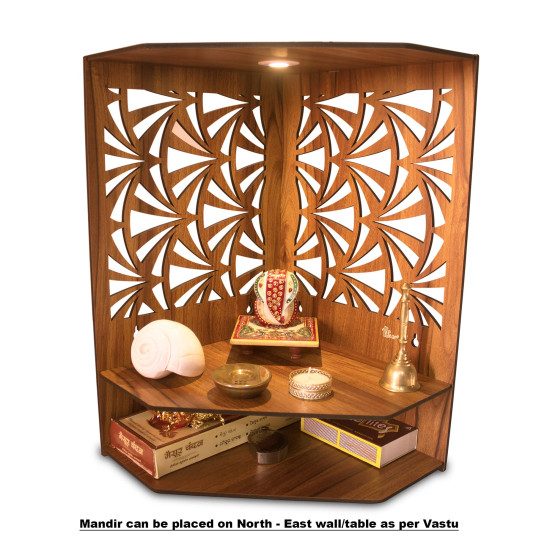 Heartily® Pushp Beautiful Corner Wooden Pooja Stand Mandir for Home Temple for Office Puja Mandir for Home Wall with LED Spot Light Product (H- 17, L- 10, W-15 Inch)