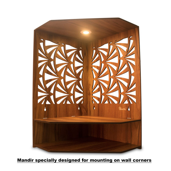 Heartily® Pushp Beautiful Corner Wooden Pooja Stand Mandir for Home Temple for Office Puja Mandir for Home Wall with LED Spot Light Product (H- 17, L- 10, W-15 Inch)