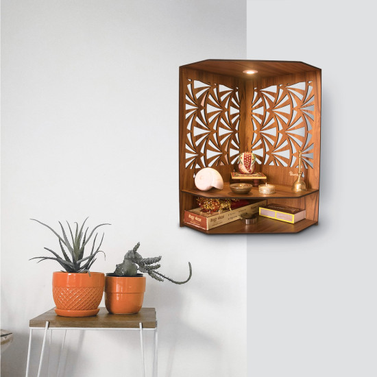 Heartily® Pushp Beautiful Corner Wooden Pooja Stand Mandir for Home Temple for Office Puja Mandir for Home Wall with LED Spot Light Product (H- 17, L- 10, W-15 Inch)