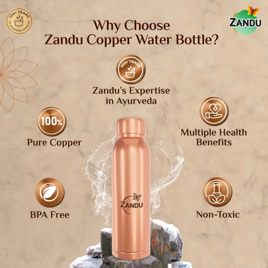 Zandu Copper Bottle (950ml): 100% Pure Copper |BPA Free Water Bottle | Copper Infused Water | Leak Proof | Office Bottle | Boosts Immunity| Supports Digestive & Liver Health | Ayurveda Inspired