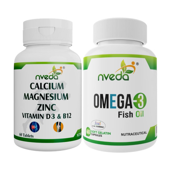 Nveda Omega 3 Fish Oil Capsules + Calcium Tablets Combo for Men & Women | Omega 3 Supplement with Calcium, Magnesium, Zinc, Vitamin D3 & B12 | Supports Heart, Brain, Eye, Immunity, Bone & Joint Health | 60 Capsules + 60 Tablets