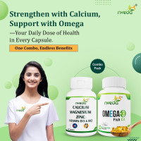Nveda Omega 3 Fish Oil Capsules + Calcium Tablets Combo for Men & Women | Omega 3 Supplement with Calcium, Magnesium, Zinc, Vitamin D3 & B12 | Supports Heart, Brain, Eye, Immunity, Bone & Joint Health | 60 Capsules + 60 Tablets