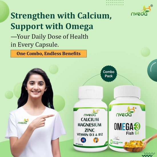 Nveda Omega 3 Fish Oil Capsules + Calcium Tablets Combo for Men & Women | Omega 3 Supplement with Calcium, Magnesium, Zinc, Vitamin D3 & B12 | Supports Heart, Brain, Eye, Immunity, Bone & Joint Health | 60 Capsules + 60 Tablets