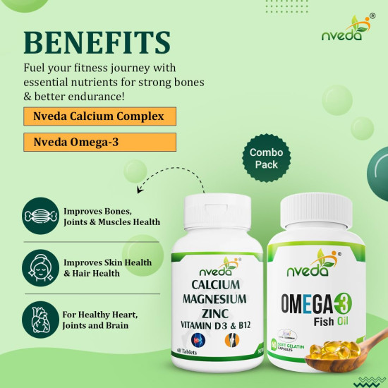 Nveda Omega 3 Fish Oil Capsules + Calcium Tablets Combo for Men & Women | Omega 3 Supplement with Calcium, Magnesium, Zinc, Vitamin D3 & B12 | Supports Heart, Brain, Eye, Immunity, Bone & Joint Health | 60 Capsules + 60 Tablets