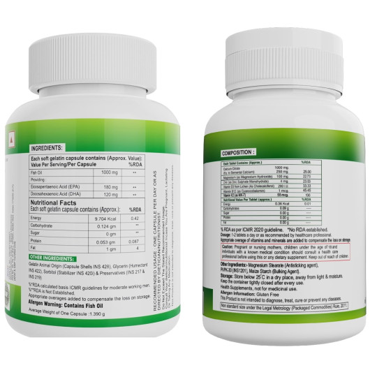 Nveda Omega 3 Fish Oil Capsules + Calcium Tablets Combo for Men & Women | Omega 3 Supplement with Calcium, Magnesium, Zinc, Vitamin D3 & B12 | Supports Heart, Brain, Eye, Immunity, Bone & Joint Health | 60 Capsules + 60 Tablets