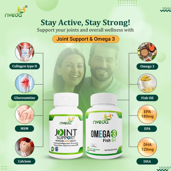 Nveda Omega 3 Fish Oil Capsules & Joint Support Tablets Combo for Men & Women | Omega 3 Supplement with Collagen Type 2, Glucosamine, MSM & Calcium | Joint Pain Relief, Bone Strength, Arthritis & Heart Health Support | 60 Capsules