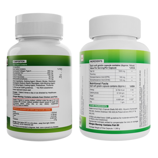 Nveda Omega 3 Fish Oil Capsules & Joint Support Tablets Combo for Men & Women | Omega 3 Supplement with Collagen Type 2, Glucosamine, MSM & Calcium | Joint Pain Relief, Bone Strength, Arthritis & Heart Health Support | 60 Capsules