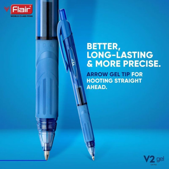 FLAIR V2 Retractable 0.7mm Gel Pen Box Pack | Water Proof, Smudge Free & Refillable Ink For Smooth Writing Experience | Comfortable Grip For Easy Handling | Blue Ink, Pack of 10 Pens