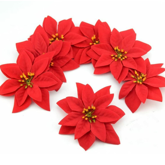 VRB Dec™ Christmas Poinsettias Red/Gold Velvet Decorative Artificial Flowers Christmas Flowers of Velvet Decorations Items/Tree/Decoration Items (Red (Pack of 12))