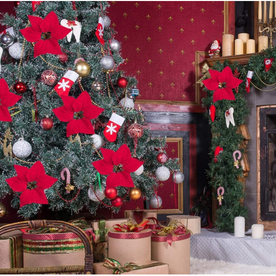 VRB Dec™ Christmas Poinsettias Red/Gold Velvet Decorative Artificial Flowers Christmas Flowers of Velvet Decorations Items/Tree/Decoration Items (Red (Pack of 12))