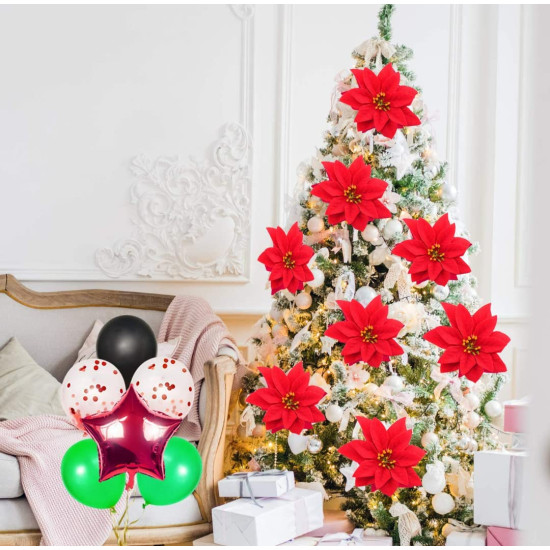 VRB Dec™ Christmas Poinsettias Red/Gold Velvet Decorative Artificial Flowers Christmas Flowers of Velvet Decorations Items/Tree/Decoration Items (Red (Pack of 12))