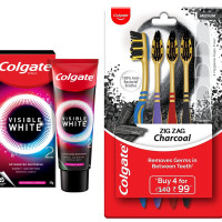 Colgate Visible White O2, Teeth Whitening Toothpaste, Peppermint Sparkle, 50g & Colgate ZigZag Charcoal Medium Bristle Manual Toothbrush for adults- 4 Pcs
